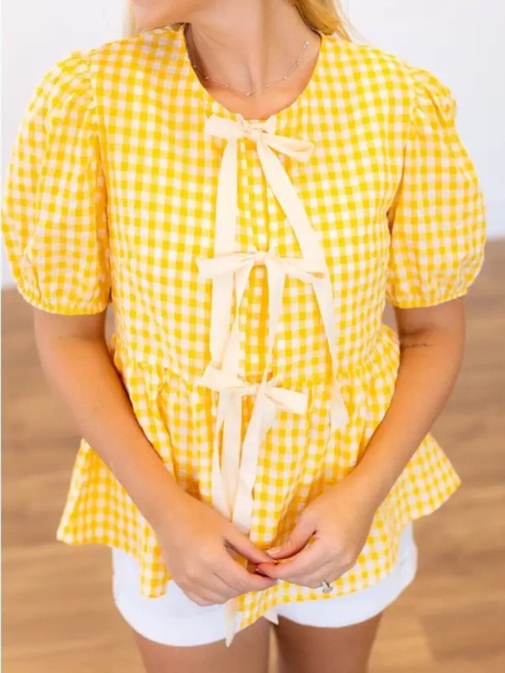 Grace+Emma by Southern Grace Gingham Blouse With Bows - Yellow